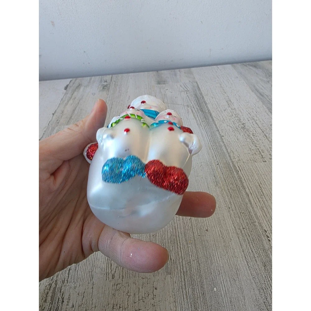 Vintage glass snowman family glitter‎ ornament Xmas tree blue red white